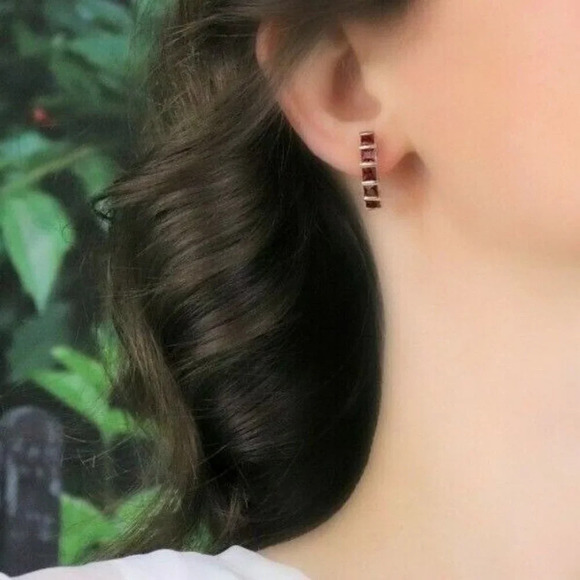 14k Yellow Gold Natural Garnet Earrings J Hoop Half Hoop Earrings - Picture 2 of 9